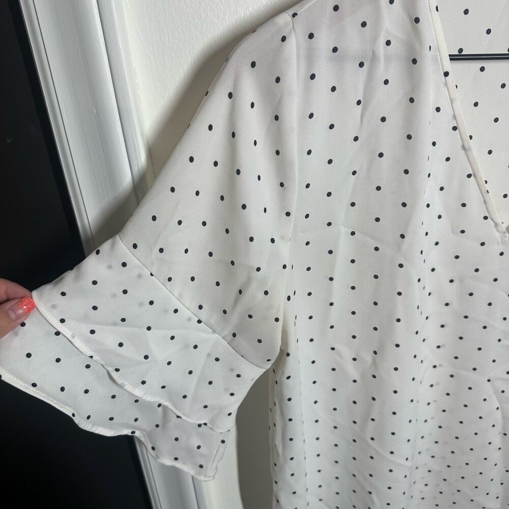 Loft Women's White Black Polka Dot Sheer Blouse Size Small Ruffle Sleeve Preppy - Picture 2 of 7